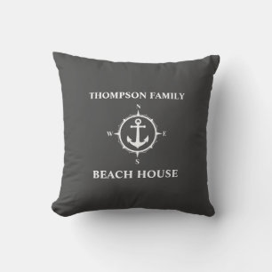 Jouw naam Beach House Compass Anchor Grey Kussen