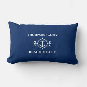 Jouw naam Beach House Seahorse Anchor Navy Blue Kussen