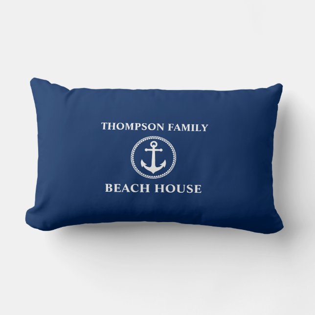 Jouw naam Beach House Zee Anchor Blue Kussen (Voorkant)