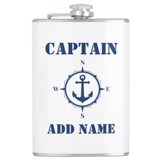 Jouw naam Captain Flask Kompas Anker Wit Heupfles (Voorkant)