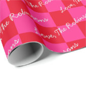 Jouw naam Checker Checkerboard toevoegen Roze en R Cadeaupapier (Rol Hoek)