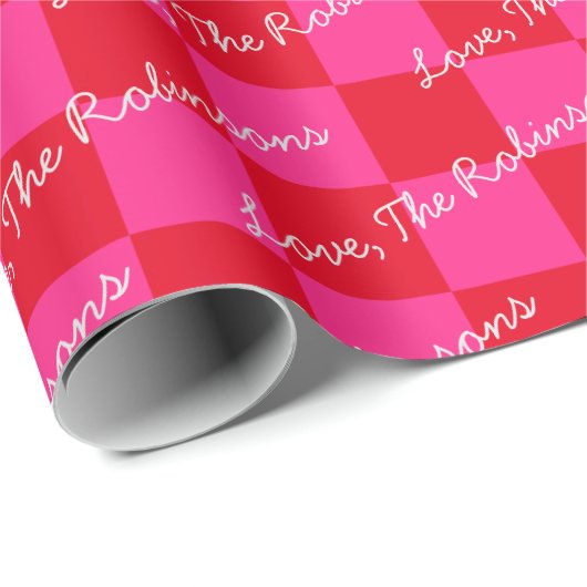Jouw naam Checker Checkerboard toevoegen Roze en R Cadeaupapier (Rol Hoek)