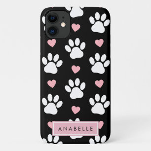 jouw naam - Dog Paws, Traces, Hearts - Roze Zwart iPhone 11 Hoesje
