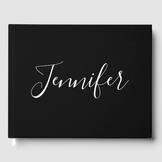 Jouw naam | Elegant wit script op zwart Gastenboek (Voorkant)