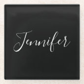 Jouw naam | Elegant wit script op zwart Glazen Onderzetter (Voorkant)
