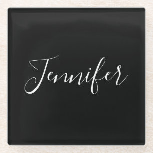 Jouw naam   Elegant wit script op zwart Glazen Onderzetter