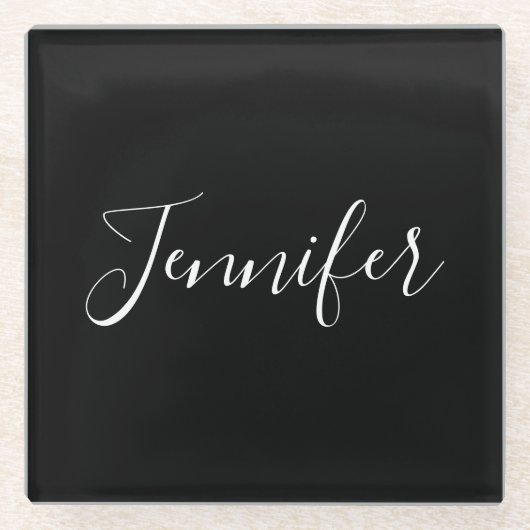 Jouw naam | Elegant wit script op zwart Glazen Onderzetter (Voorkant)