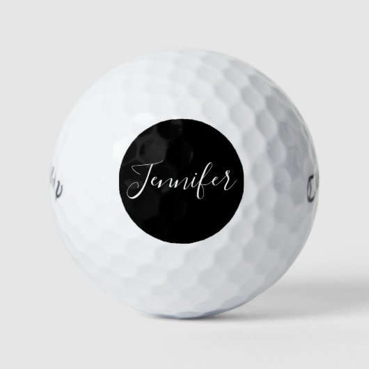 Jouw naam | Elegant wit script op zwart Golfballen (Voorkant)