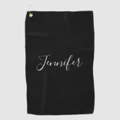 Jouw naam | Elegant wit script op zwart Golfhanddoek (Voorkant)