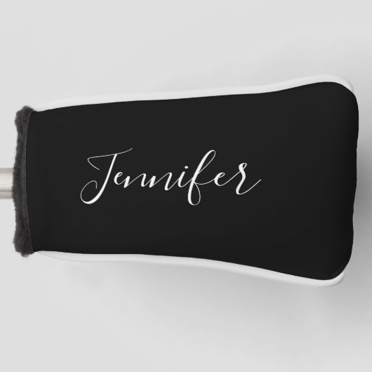 Jouw naam | Elegant wit script op zwart Golfheadcover (Voorkant)