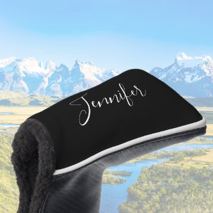 Jouw naam   Elegant wit script op zwart Golfheadcover