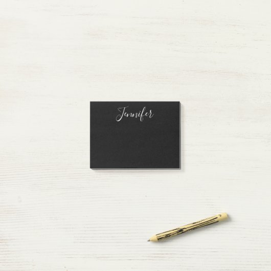 Jouw naam | Elegant wit script op zwart Post-it® Notes (Op bureau)
