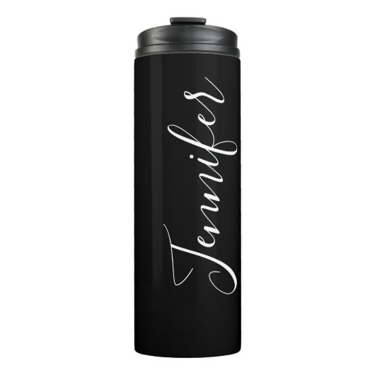 Jouw naam | Elegant wit script op zwart Thermosbeker (Voorkant)