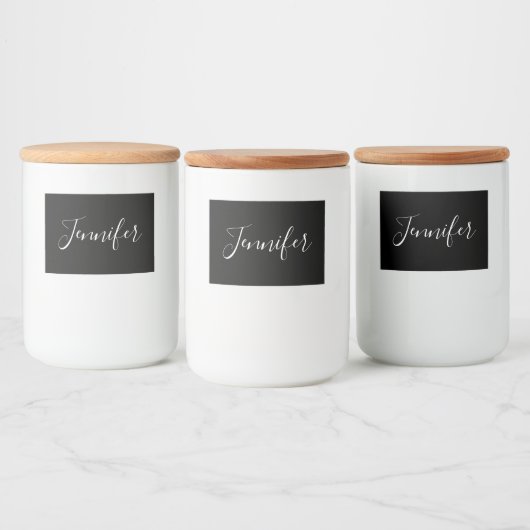 Jouw naam | Elegant wit script op zwart Voedselcontainer Etiket (Flessen)