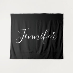 Jouw naam Elegant wit script op zwart Wandkleed