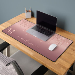 Jouw naam en Letter Roos Gouden Blush Glitter Bureaumat