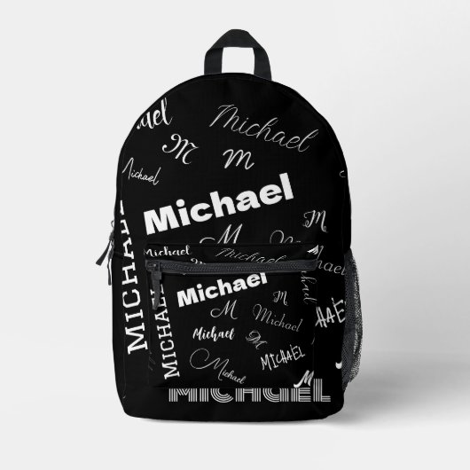 Jouw naam en monogram aangepast patroonzwart bedrukte rugzak (Voorkant)