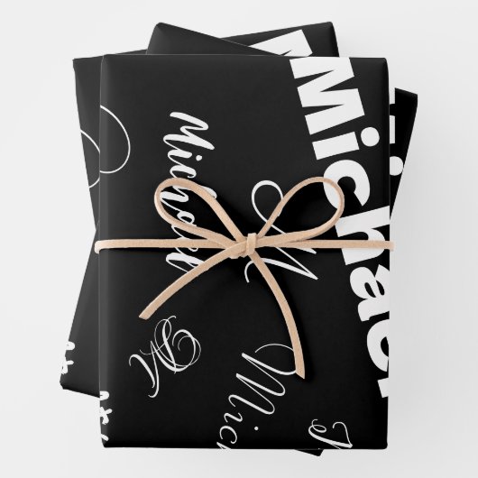 Jouw naam en monogram aangepast patroonzwart inpakpapier vel (In situ)