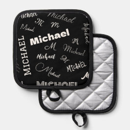 Jouw naam en monogram aangepast patroonzwart pannenlap