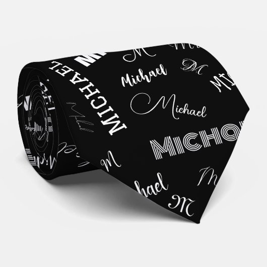 Jouw naam en monogram aangepast patroonzwart stropdas (Opgerold)