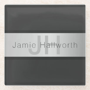 Jouw naam en monogram   Grays & Faux Silver-look Glazen Onderzetter