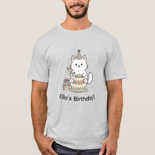 "Jouw naam" Feestelijke Verjaardags Kat met Taart T-shirt