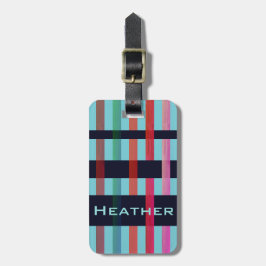 Jouw naam & Kleurrijke Weaving Stripes op Soft Blu Bagagelabel