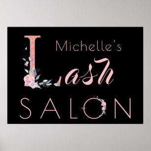 Jouw naam lash salon floral glitter roze zwart poster