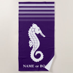 jouw naam of Boat Seahorse Paars White Stripe Strandlaken