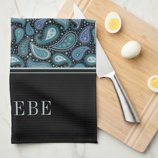 Jouw naam op Eleagant Retro Blue Paisley Pattern Theedoek (Quarter Fold)