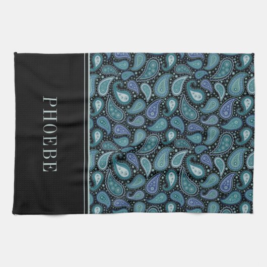 Jouw naam op Eleagant Retro Blue Paisley Pattern Theedoek (Horizontaal)