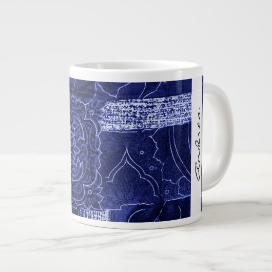 jouw naam - Patchwork, Flowers, Swirls - blauw Extra Grote Mok (Voorkant rechts)