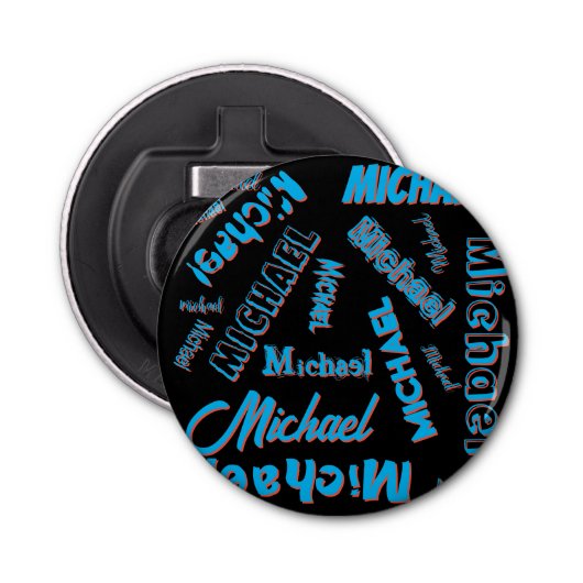 Jouw naam patroon monogram blauwe rode zwarte kleu button flesopener (Voorkant)