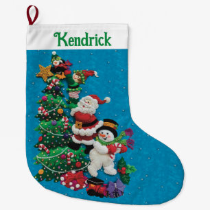 Jouw naam Personaliseert Fun Santa Snowman Blue Gr Grote Kerstsok