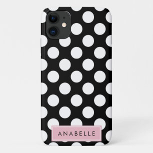 jouw naam - Polka Dots, Spots - Black White roze iPhone 11 Hoesje