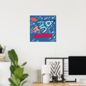Jouw naam raket ruimte jongens blauw rood poster (Thuiskantoor)