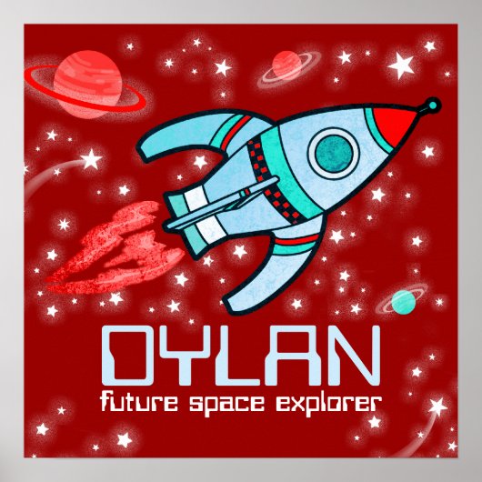 Jouw naam raketruimtejongens rood poster (Voorkant)