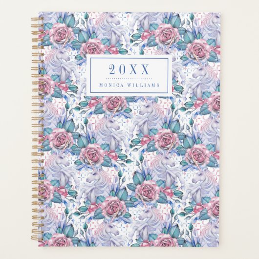 Jouw naam toevoegen/Jaar | Roze en blauw Roos Planner (Voorkant)