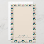 Jouw naam toevoegen | Retro Turquoise Floral Patte Briefpapier (Voorkant / Achterkant)