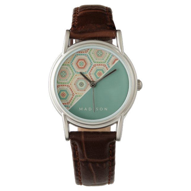 Jouw naam toevoegen | Southwest Hexagon Pattern Horloge (Voorkant)
