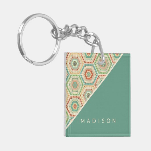 Jouw naam toevoegen | Southwest Hexagon Pattern Sleutelhanger (Voorkant Links)