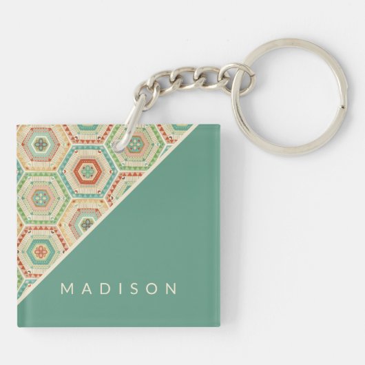 Jouw naam toevoegen | Southwest Hexagon Pattern Sleutelhanger (Achterkant)
