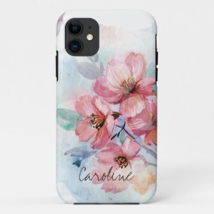Jouw naam Waterverf-lentevloeren toevoegen iPhone 11 Hoesje