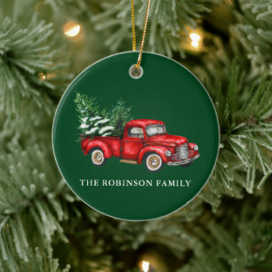 jouw naam Waterverf  Red Truck Trees Green Keramisch Ornament