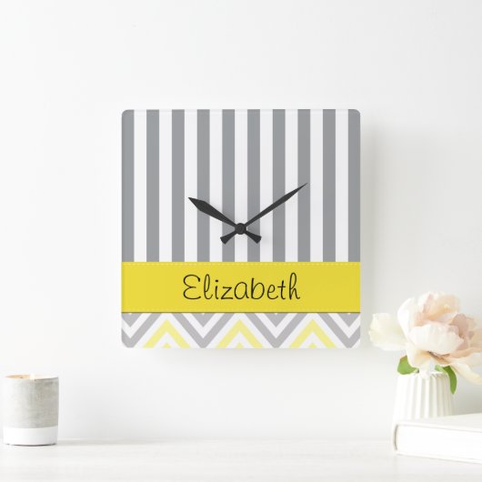 jouw naam - Zigzag Pattern, Chevron - Geel Grijs Vierkante Klok (Huis)