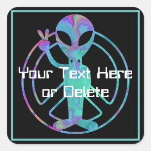 jouw tekst Blue Tie Dye Alien Peace Sign Cute SciF Vierkante Sticker