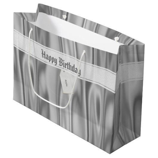 Jouw tekst: Elegant Happy Birthday Silver Satin Groot Cadeauzakje (Voorkant Gekanteld)
