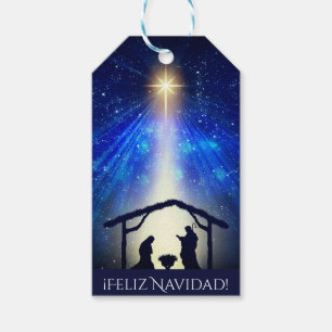 Jouw tekst Feliz Navidad Blue Natitivity Kerstmis Cadeaulabel