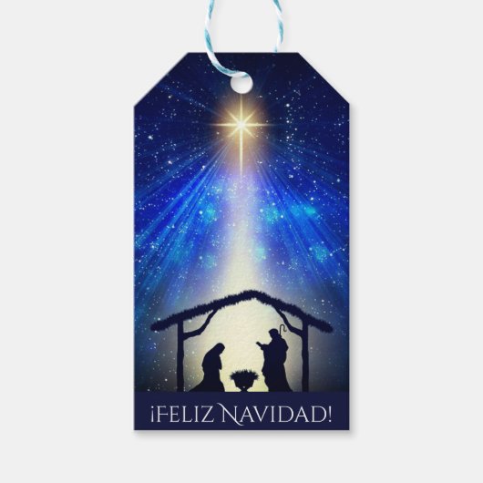 Jouw tekst Feliz Navidad Blue Natitivity Kerstmis Cadeaulabel (Voorkant)