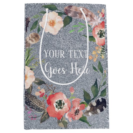 Jouw tekst  Floral Wreath Silver Glitter Medium Cadeauzakje (Voorkant)